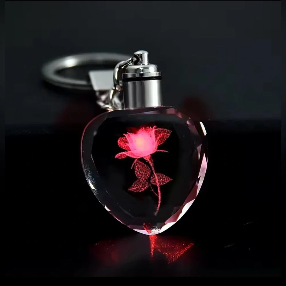 Rose Flower Crystal Heart LED Light Keychain - Red - Picture 2 of 7